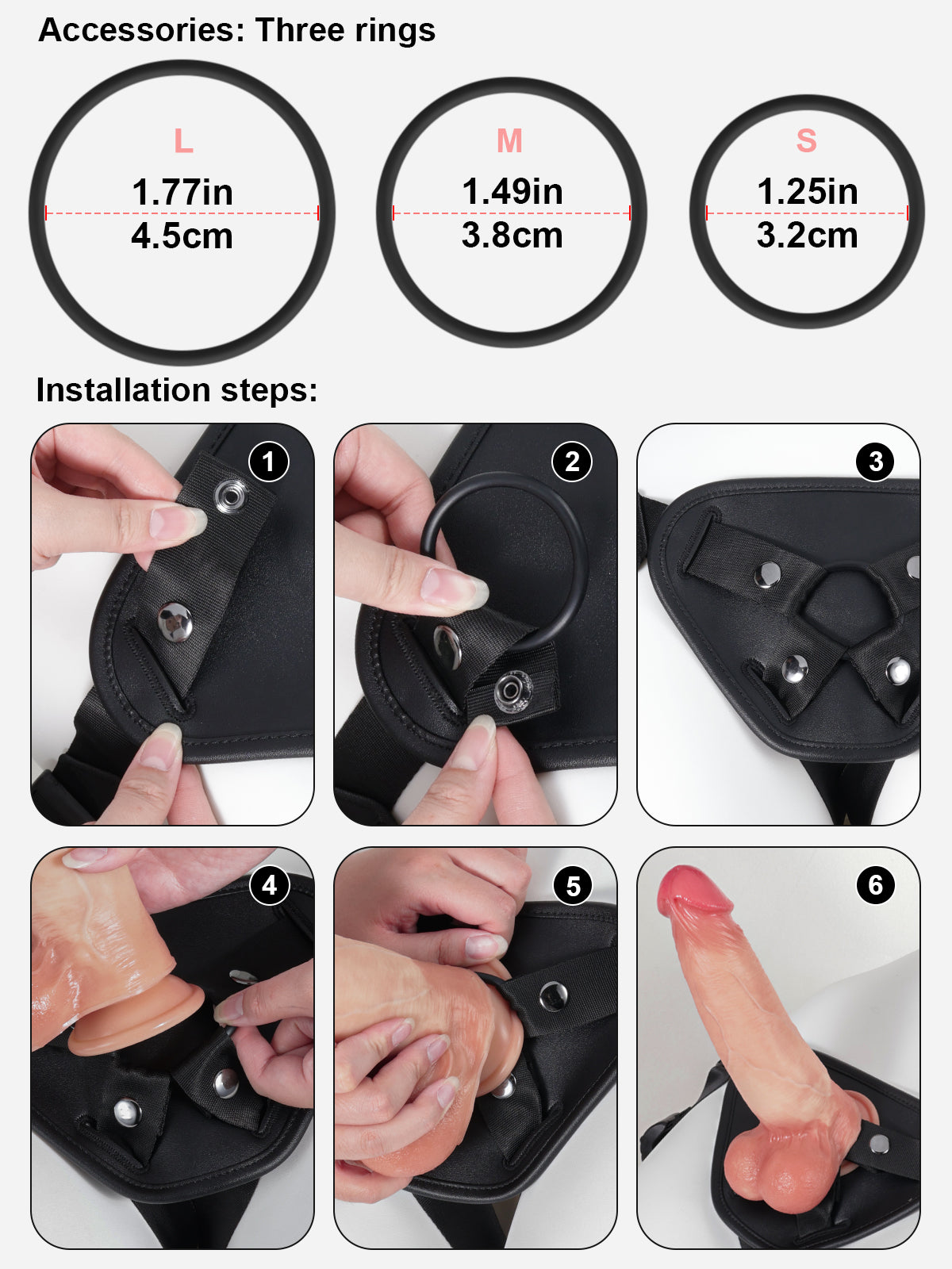 Thickened Black Strap Features Rings In 3 Sizes.